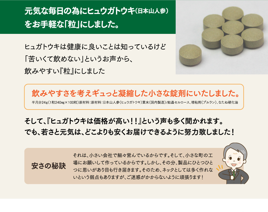 元気な毎日の為にヒュウガトウキ（日本山人参）をお手軽な「粒」にしました。